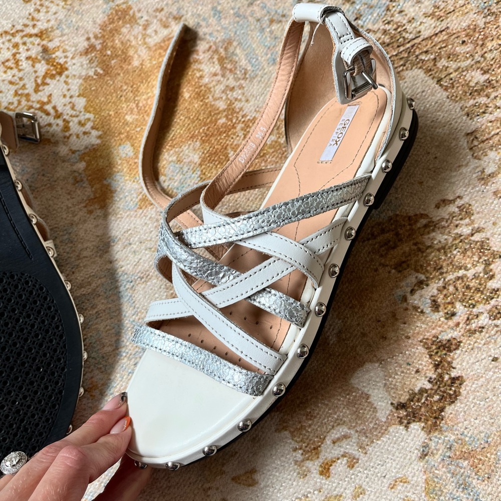 GEOX white and silver studded leather sandals